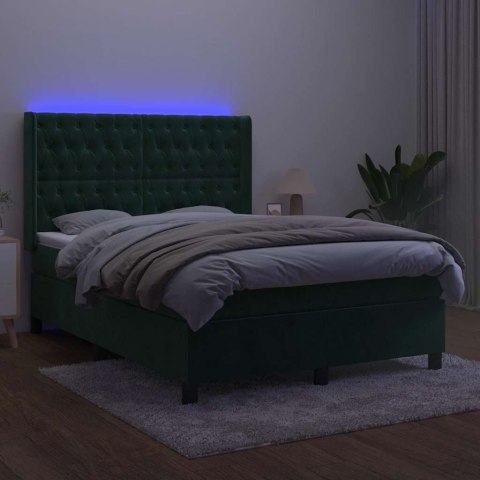 Łóżko kontynentalne z materacem i LED zielony aksamit 140x200cm