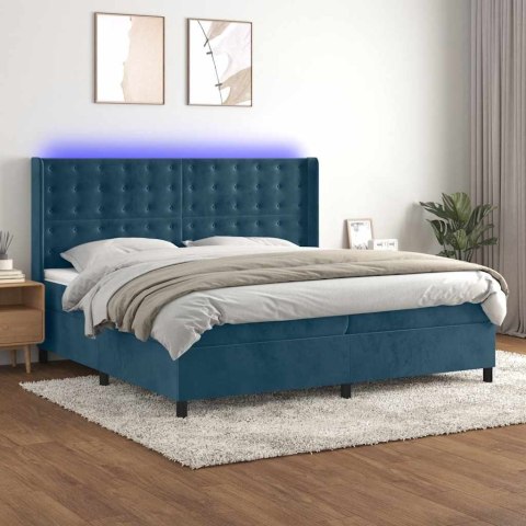 Łóżko kontynentalne, materac i LED, niebieski aksamit 200x200cm
