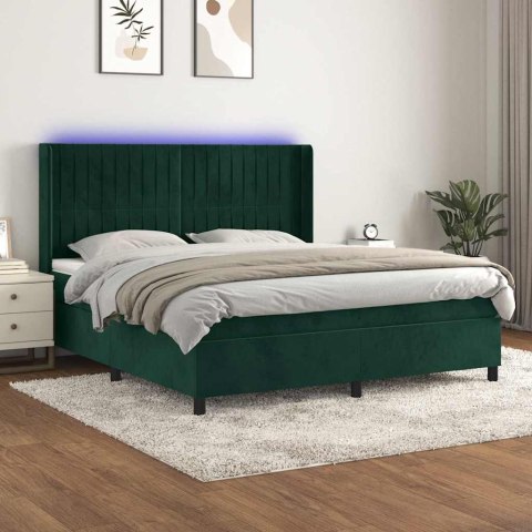 Łóżko kontynentalne z materacem i LED zielony aksamit 180x200cm