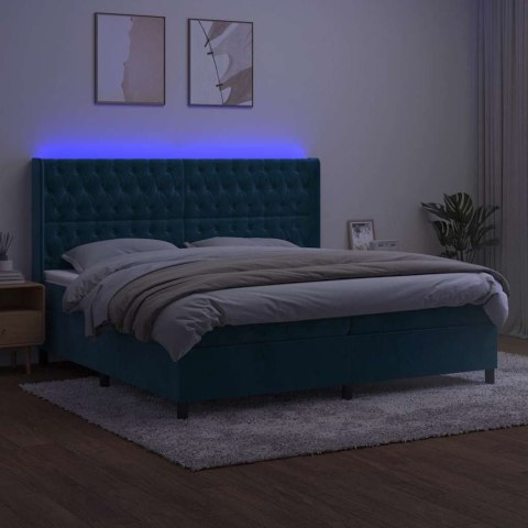 Łóżko kontynentalne, materac i LED, niebieski aksamit 200x200cm
