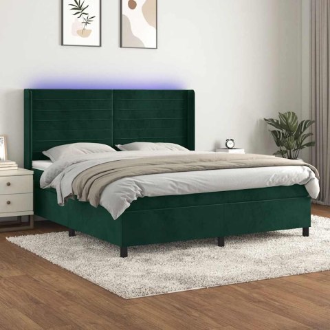 Łóżko kontynentalne z materacem i LED zielony aksamit 160x200cm