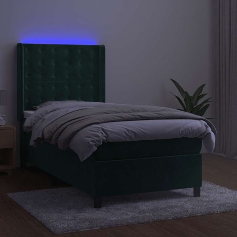 Łóżko kontynentalne z materacem i LED zielony aksamit 90x190 cm