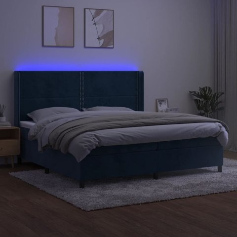 Łóżko kontynentalne, materac i LED, niebieski aksamit 200x200cm