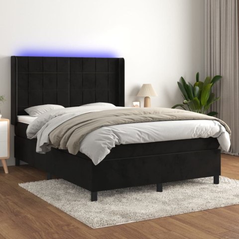 Łóżko kontynentalne z materacem i LED, czarny aksamit 140x200cm