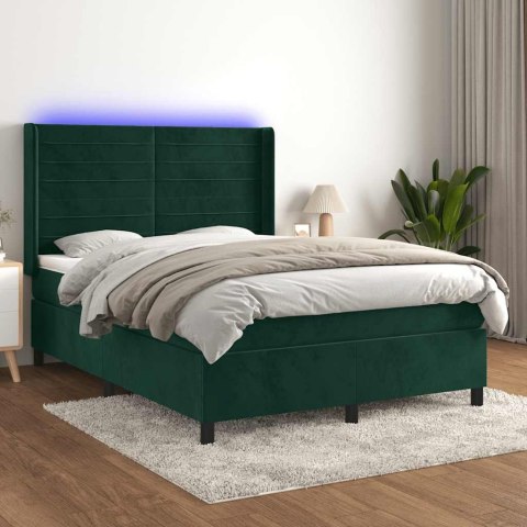Łóżko kontynentalne z materacem i LED zielony aksamit 140x200cm