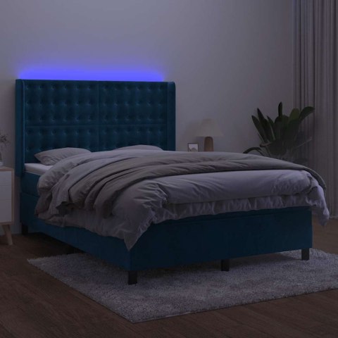 Łóżko kontynentalne, materac i LED, niebieski aksamit 140x190cm