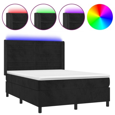 Łóżko kontynentalne z materacem i LED, czarny aksamit 140x190cm