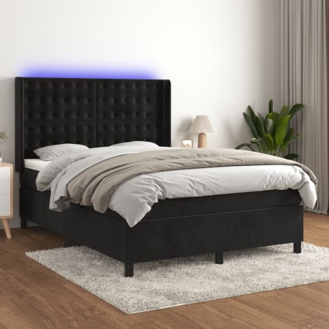 Łóżko kontynentalne z materacem i LED, czarny aksamit 140x190cm