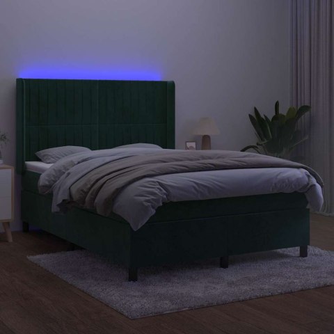 Łóżko kontynentalne z materacem i LED zielony aksamit 140x190cm