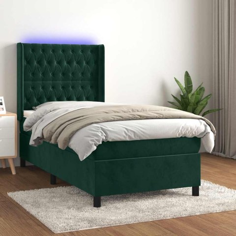 Łóżko kontynentalne z materacem i LED zielony aksamit 90x190 cm