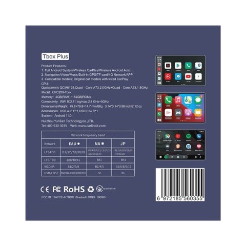 CARLINKIT Adapter Bezprzewodowy TBOX-Plus 4GB+64GB Apple Carplay/Android Auto niebieski