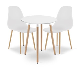 Zestaw Stół KAMI Okrągły 60cm - biały / naturalne nogi + 2 krzesła WAT białe / nogi naturalne