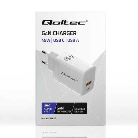QOLTEC ŁADOWARKA 45W GAN | 5-20V | 1.5-3A | 1XUSB-C PD | 1XUSB QC 3.0 | BIAŁA