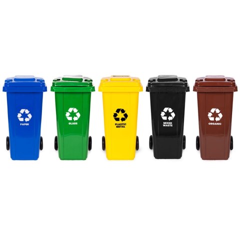 Zestaw 5 koszy na śmieci pojemniki 5x120L niebieski zielony żółty czarny brązowy makulatura szkło plastik odpady zmieszane BIO g