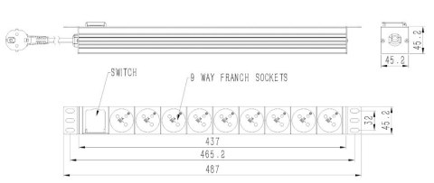 GEMBIRD LISTWA ZASILAJĄCA RACK 19" PDU 1U, 16A, 9X GNIAZDO FRENCH, WTYK FR, KABEL 2M