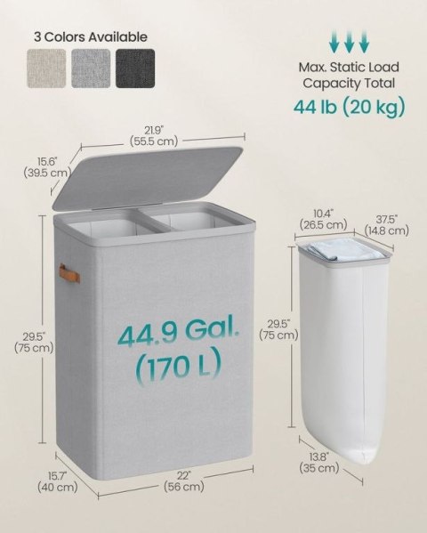 SONGMICS Kosz na pranie 170 l, 2 przegrody, z pokrywą
