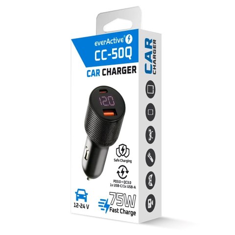 EVERACTIVE ŁADOWARKA SAMOCHODOWA 1X USB QC3.0, 1 X USB-C PD 75W CZARNA CC-50Q