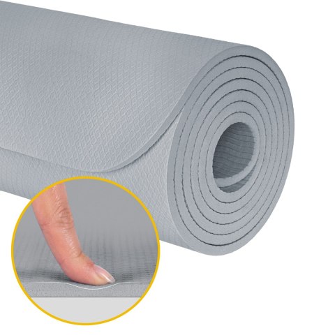 Mata gimnastyczna do ćwiczeń joga, pilates, fitness, 183x61cm, grubość 6mm, materiał TPE, szara, REBEL ACTIVE