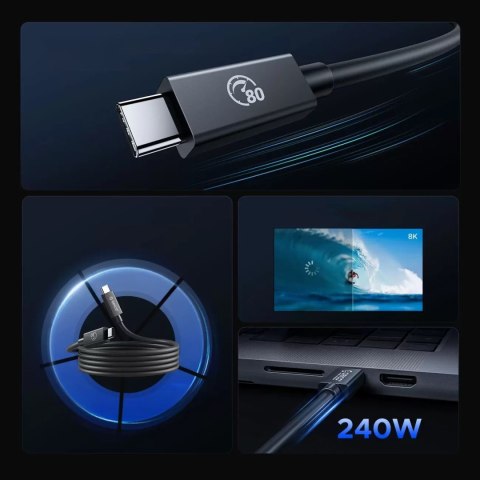 Kabel przewód USB-C USB4 Thunderbolt5 80Gbps 240W 2m - czarny