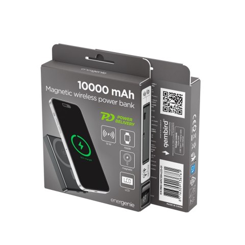 GEMBIRD BEZPRZEWODOWY POWERBANK MAGNETYCZNY 15W Z WYŚWIETLACZEM LCD 10000 MAH, CZARNY