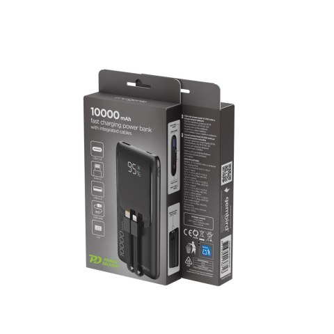 GEMBIRD POWERBANK O POJEMNOŚCI 10000MAH Z WYŚWIETLACZEM LCD ZINTEGROWANYMI KABLAMI SZYBKIM ŁADOWANIEM QC3.0 20W