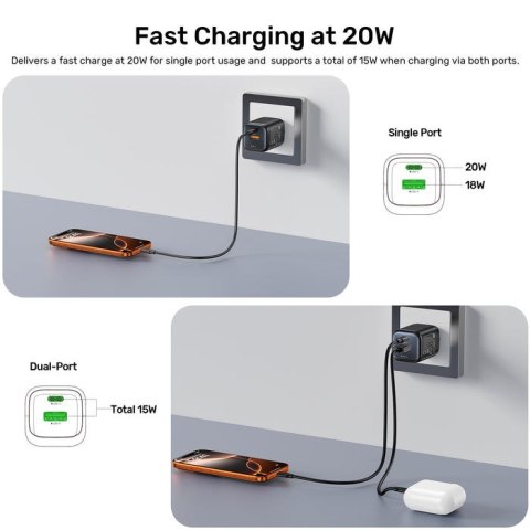 UNITEK ŁADOWARKA SIECIOWA 2X GAN USB-C & USB-A 20W CZARNA