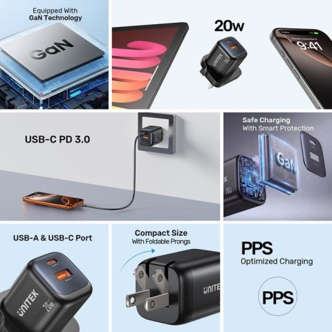 UNITEK ŁADOWARKA SIECIOWA 2X GAN USB-C & USB-A 20W CZARNA