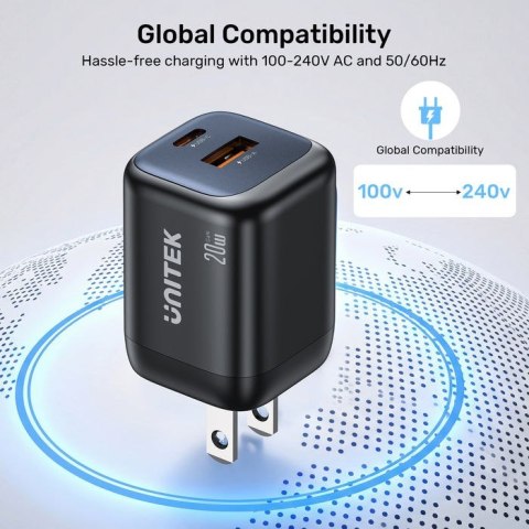 UNITEK ŁADOWARKA SIECIOWA 2X GAN USB-C & USB-A 20W CZARNA