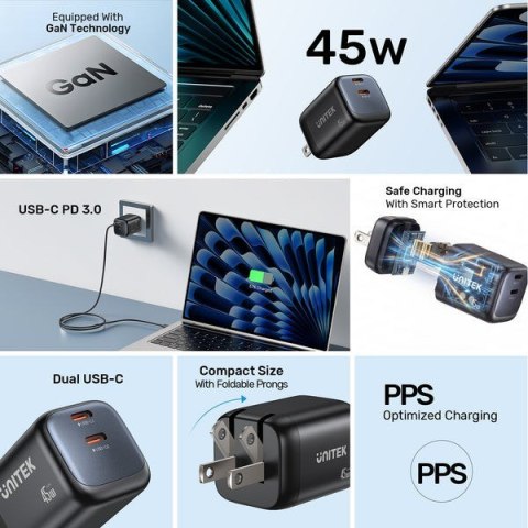 UNITEK ŁADOW. SIECIOWA 2X GAN 45W, 2XUSB-C PD 3.0, QC, CZARNA