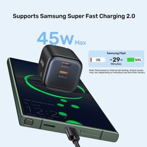 UNITEK ŁADOW. SIECIOWA 2X GAN 45W, 2XUSB-C PD 3.0, QC, CZARNA