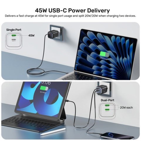 UNITEK ŁADOW. SIECIOWA 2X GAN 45W, 2XUSB-C PD 3.0, QC, CZARNA