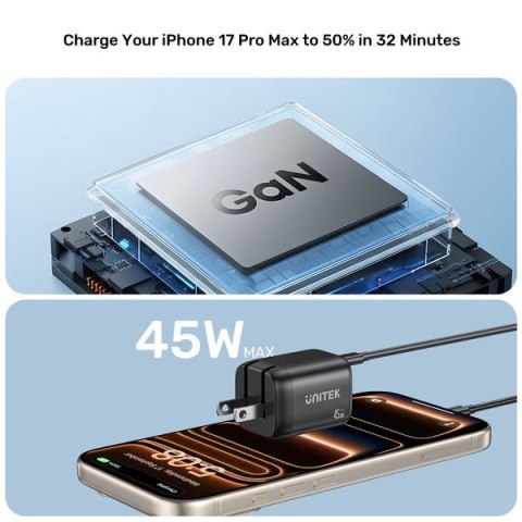 UNITEK ŁADOW. SIECIOWA 2X GAN 45W, 2XUSB-C PD 3.0, QC, CZARNA