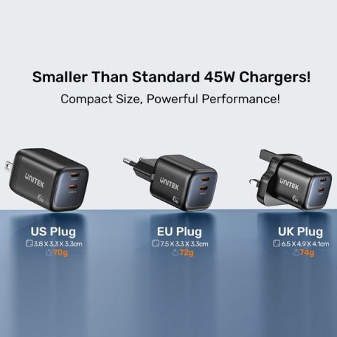 UNITEK ŁADOW. SIECIOWA 2X GAN 45W, 2XUSB-C PD 3.0, QC, CZARNA