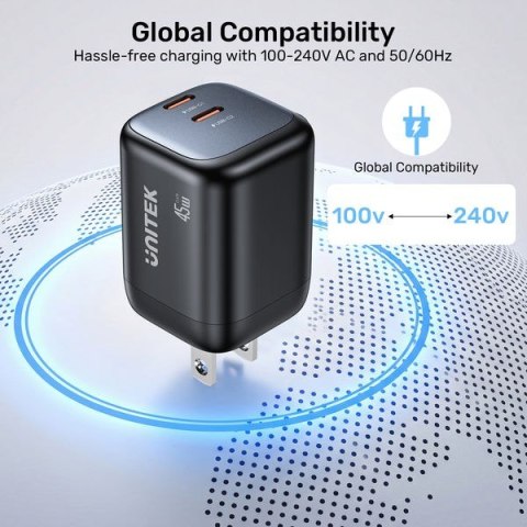 UNITEK ŁADOW. SIECIOWA 2X GAN 45W, 2XUSB-C PD 3.0, QC, CZARNA