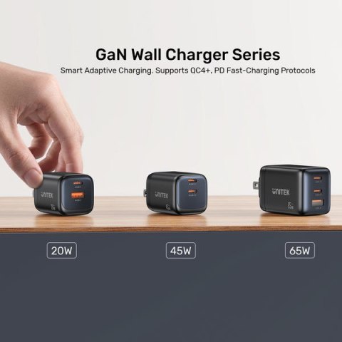 UNITEK ŁADOW. SIECIOWA 2X GAN 45W, 2XUSB-C PD 3.0, QC, CZARNA