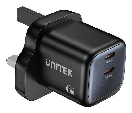UNITEK ŁADOW. SIECIOWA 2X GAN 45W, 2XUSB-C PD 3.0, QC, CZARNA