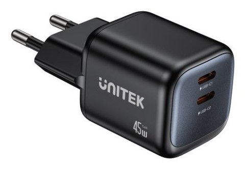 UNITEK ŁADOW. SIECIOWA 2X GAN 45W, 2XUSB-C PD 3.0, QC, CZARNA