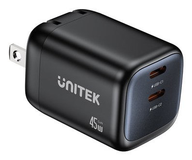 UNITEK ŁADOW. SIECIOWA 2X GAN 45W, 2XUSB-C PD 3.0, QC, CZARNA