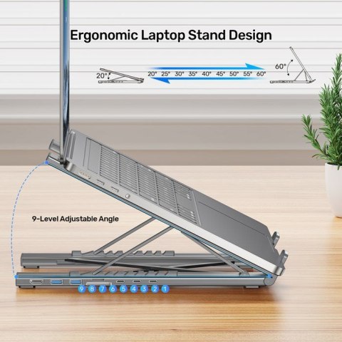 UNITEK PODSTAWKA POD LAPTOP REGULOWANA + HUB USB-C/A, HDMI 2.0, PD 100W