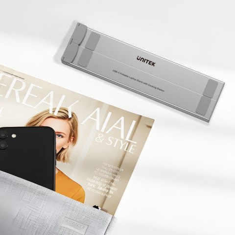 UNITEK PODSTAWKA POD LAPTOP REGULOWANA + HUB USB-C/A, HDMI 2.0, PD 100W