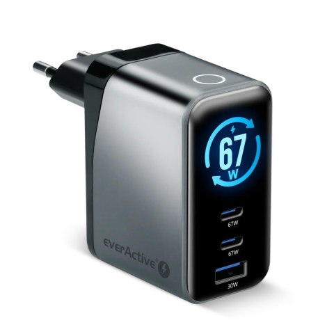 EVERACTIVE ŁADOWARKA SIECIOWA GAN 1 X USB, 2 X USB-C QUICK CHARGE 4+ 67W CZARNA SC-670Q