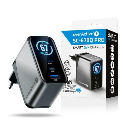 EVERACTIVE ŁADOWARKA SIECIOWA GAN 1 X USB, 2 X USB-C QUICK CHARGE 4+ 67W CZARNA SC-670Q