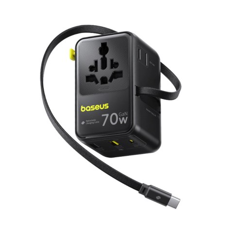 Adapter podróżny 6w1 ze zwijanym kablem USB-C 70W - czarny