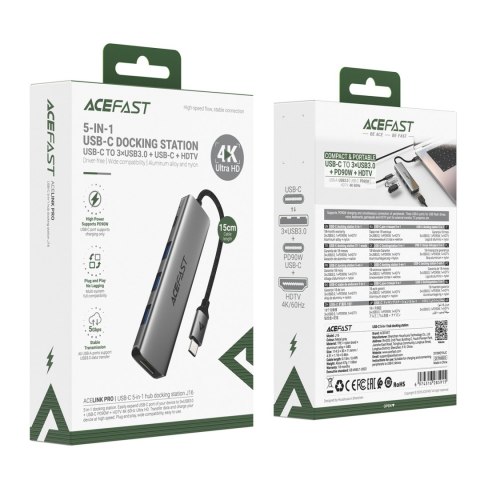 Hub stacja dokująca 5w1 USB-C - USB-A USB-C HDMI 4K 60Hz PD 90W - szara