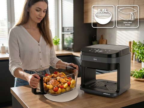 ELDOM FRYTKOWNICA BEZTŁYSZCZOWA FR500 5,5 L 1200W SZKLANY POJEMNIK, RUSZT, SILIKONOWA PODKŁADKA, 8 PROGRAMÓW, REGULACJA TEM.