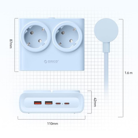 Listwa zasilająca 6w1 AC USB-A USB-C 25W - niebieska