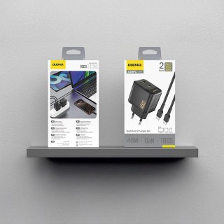 Ładowarka sieciowa 2xUSB-C z kablem USB-C GaN PD 45W - czarna