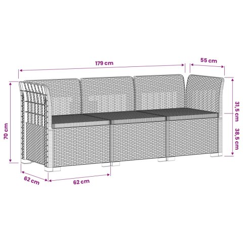 Sofa Ogrodowa 3-osobowa Rattanowa PP jasnoszary