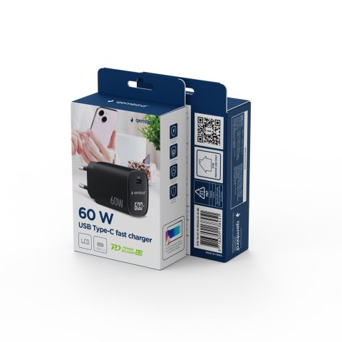GEMBIRD 1-PORTOWA SZYBKA ŁADOWARKA SIECIOWA (PD) USB TYP - C, 60W, LCD, CZARNA