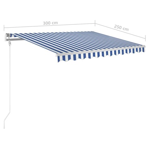 Ręcznie zwijana markiza z LED, 3x2,5 m, niebiesko-biała